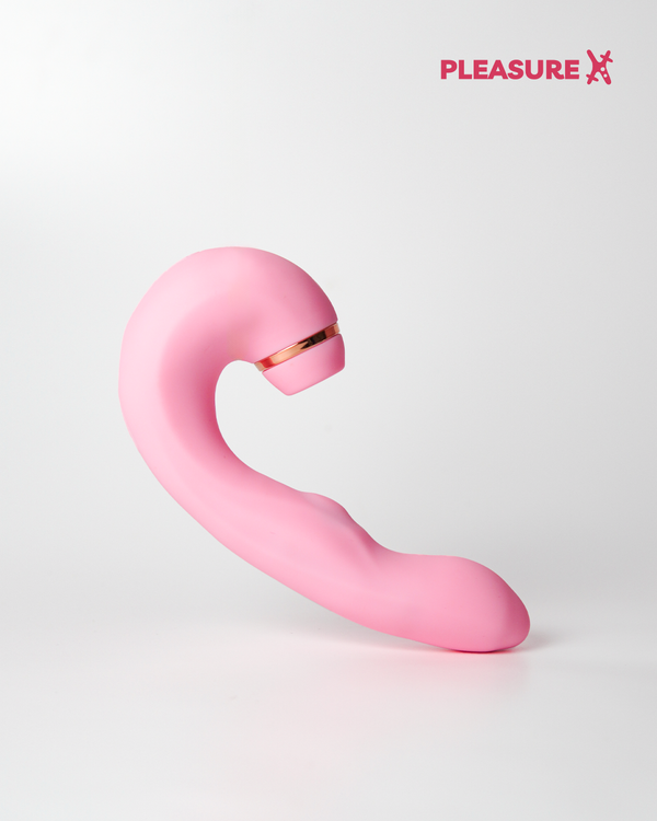 3-in-1 pink clit suction and G-spot vibrator with buttons and flapping tip horizontal view