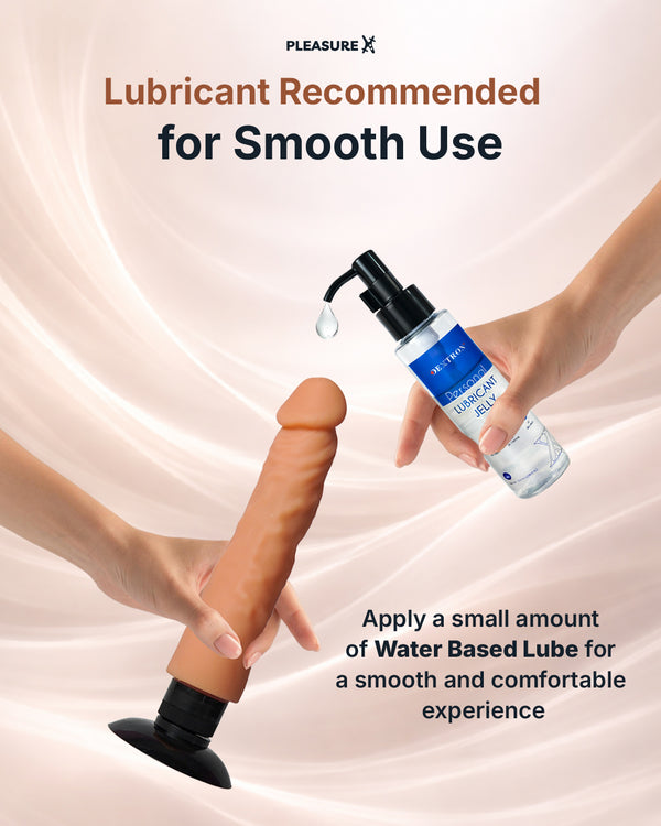 Realistic silicone penis dildo with suction base recommended for use with water based lubricant
