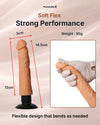 Soft flexible realistic penis dildo with suction base showing size dimensions and bendable silicone design