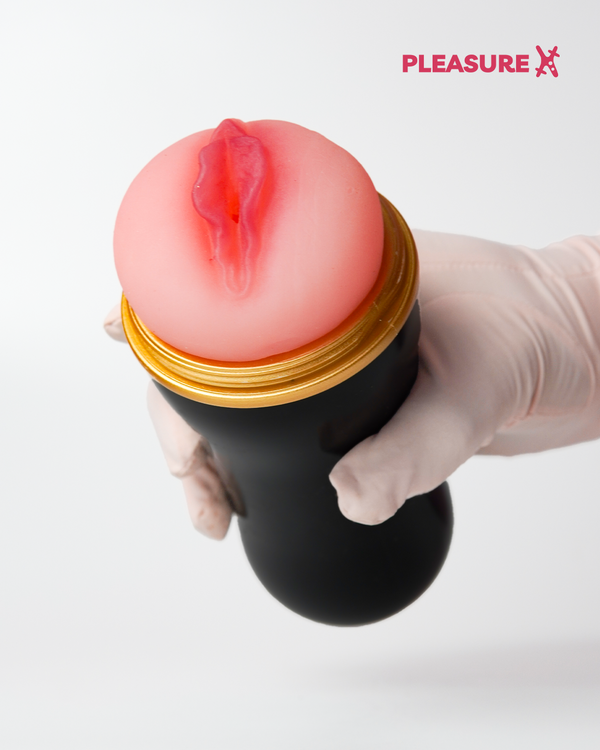 Front view of realistic masturbator cup showing soft textured inner design