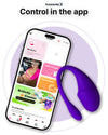 Smart device with app interface and purple control on a white background, featuring app controlled long distance vibrator