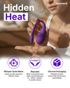 Person holding a purple device with 'Hidden Heat' branding, featuring app controlled vibrator features on a white background.
