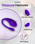 Purple silicone device with charging cable on a light gray background, explaining features of app controlled vibrator.