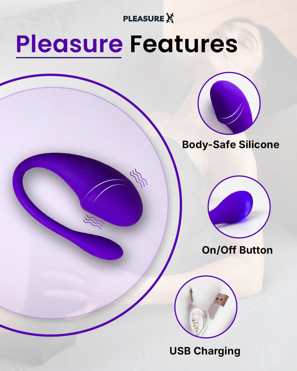 Purple silicone device with charging cable on a light gray background, explaining features of app controlled vibrator.