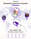 Advertisement for a product with a smartphone app and vibration control device on a world map background.