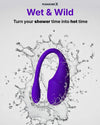 Purple app controlled vibrator sex toy with water splashes and 'Wet & Wild' branding on a gray background
