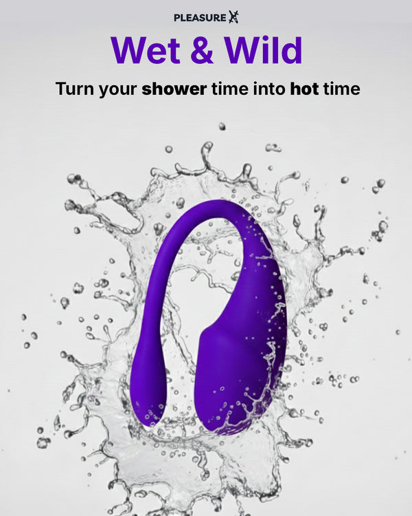 Purple app controlled vibrator sex toy with water splashes and 'Wet & Wild' branding on a gray background