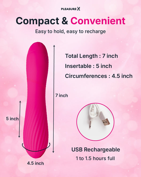 Dual-purpose G-spot and clitoral vibrator for women in pink size and battery time explainer