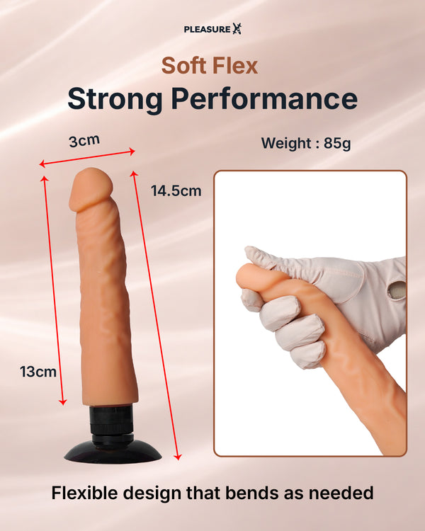 Soft flexible realistic penis dildo with suction base showing size dimensions and bendable silicone design