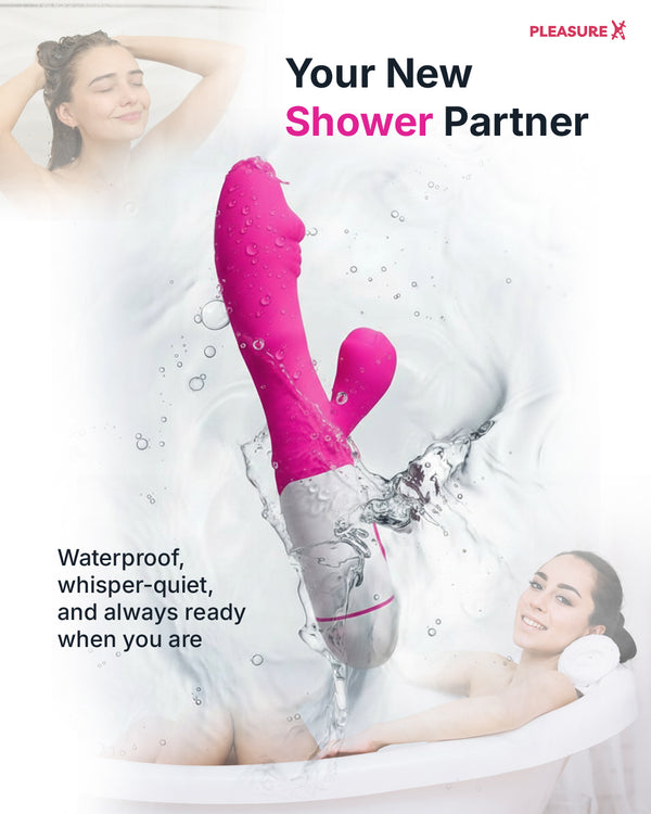 Dual stimulation rabbit vibrator targeting G-spot and clitoris with body-safe silicone explaining waterproof