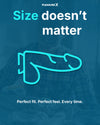 Advertisement with text 'Size doesn't matter' and a product illustration on a blue background of a male mastrubation sex toy