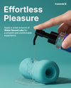Hand applying water-based lubricant to a teal silicone product with 'Pleasure' branding of a male mastrubation sex toy