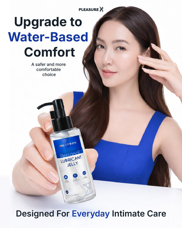 Woman holding a bottle of water based lubricant jelly safer and comfortable